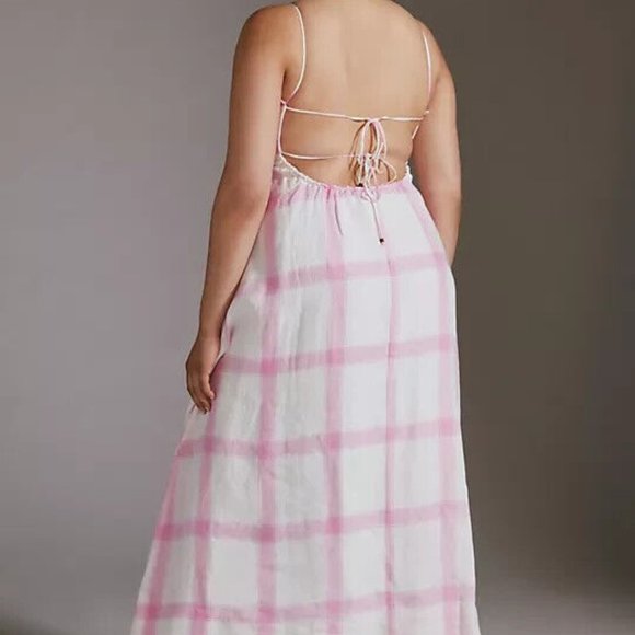 Anthropologie Maeve 1X NWT Pink Plaid Linen Tie-Back Maxi Dress Bohemian 180$ - Picture 13 of 13